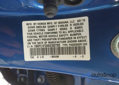 2019 Honda Civic Ex from USA, damaged, VIN 19XFC1F3XKE202783